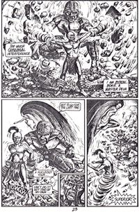 Neither of the devils notice Gloriel D'Angelo take to the air behind them, artwork by Ian Bateson, 1985/6