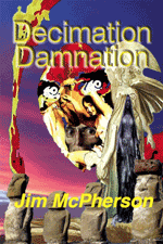 Final digital cover for Decimation Damnation, collage by Jim McPherson, 2016